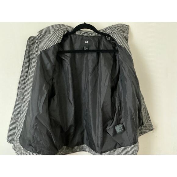Women's L H&M Black White Wool Blend Houndstooth Tweed Jacket Zip-Up Bomber Coat - Picture 4 of 8